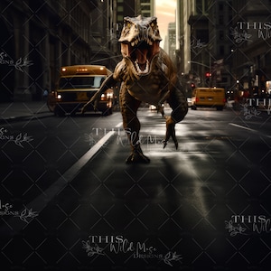 T-Rex digital backdrop, tyrannosaurus on the loose, T-Rex in the city, Dinosaur Escape digital background, T-rex on the city streets digital