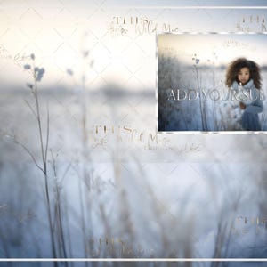 Pode incluir: Um fundo desfocado de um campo de inverno com gramíneas altas e uma menina em pé no meio do campo. A menina está vestindo uma jaqueta azul e tem cabelo castanho comprido. O texto "ADD YOUR SUBJECT" está sobreposto à imagem.