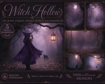 Witch Hollow digital backdrop bundle, halloween digital, witchy woods, Halloween scene, Witch Hollow, Forest, Black Cat Moonlit composite