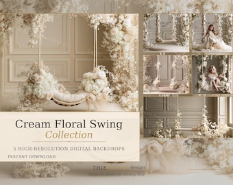 Cream Floral Swing Digital Backdrops, Fine Art Floral Photography Backgrounds, Child Portrait Composite, Instant Download Bundle, JPEG Files