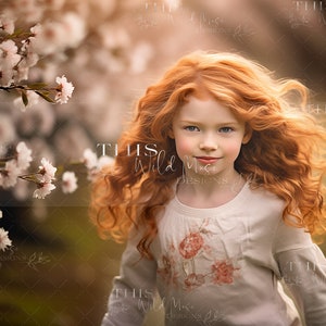 May include: A young girl with long, curly red hair smiles at the camera. She is wearing a white shirt with a floral pattern and is standing in front of a background of white blossoms.