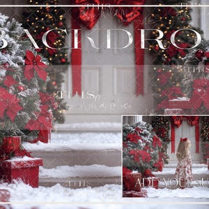 May include: A Christmas-themed backdrop featuring a snowy outdoor scene. The image showcases a white door adorned with red bows and garlands, flanked by snow-covered evergreen trees decorated with red poinsettias and lights. Red gift boxes are placed on the steps.