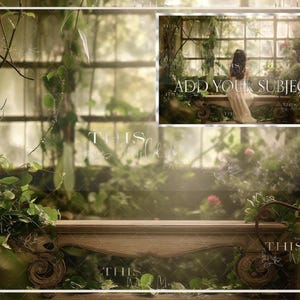 Puede incluir: Un fondo digital que presenta un banco de madera rústico con una ventana detrás. La ventana está cubierta de enredaderas y vegetación. El fondo está desenfocado y tiene una sensación suave y de ensueño. El texto "Add Your Subject" es visible en la ventana.