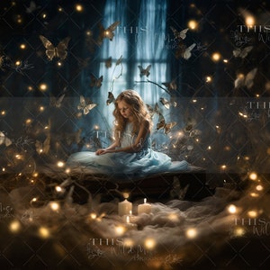 Butterfly fantasy digital backdrop, magical lights digital background, butterflies, fantasy, candles, fairy light, fantasy composite digital