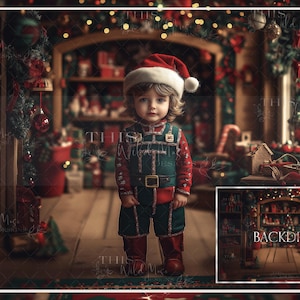 May include: A child in a red and green Christmas outfit, complete with a Santa hat, stands in a festive room. The room is decorated with Christmas ornaments, lights, and shelves filled with toys, creating a holiday scene.