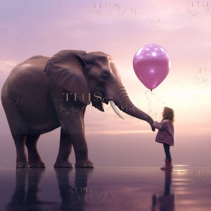 Whimsical friends digital backdrop, elephant digital backdrop, elephant, water reflection, pink sunset digital backdrop, pink balloon