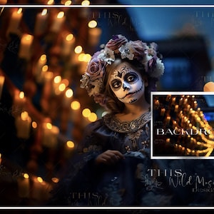 Sugar Skull digitale achtergrond, halloween digitale achtergrond, Dia de Los Muertos digitale achtergrond, photoshop composiet, kaarsen, stad bokeh