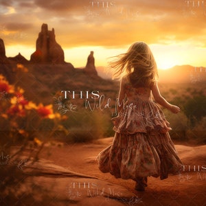 May include: A young girl in a floral dress walks towards a sunset in a desert landscape. The girl has long blonde hair and is wearing a long, flowing dress with a floral pattern. The sunset is a vibrant orange and yellow, and the desert landscape is a mix of red and brown.