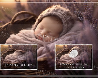 May include: A sleeping baby wrapped in a soft, light purple blanket and a knitted cap, nestled in a woven basket. The background features lavender flowers and a soft, blurred light. Includes a backdrop and PNG overlay.