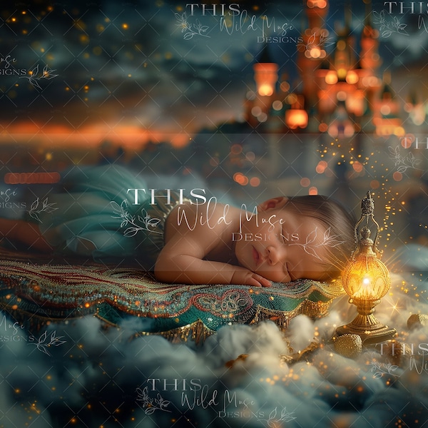 Sfondo digitale dei sogni della principessa, lampada magica, tappeto volante, principessa di Aladino neonata, bambino digitale, castello magico, giro sul tappeto volante