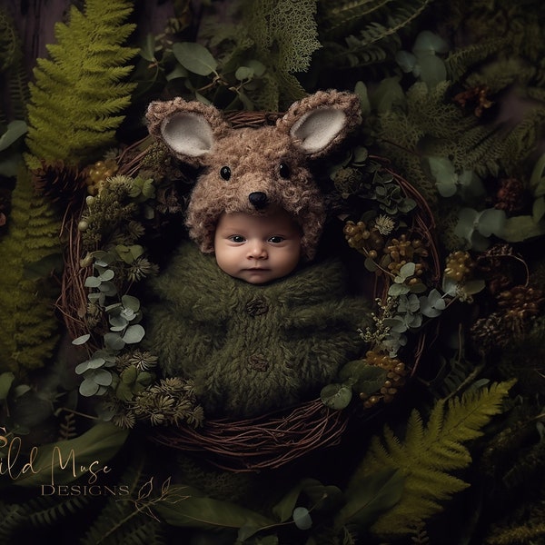 Woodland Newborn Digital Background, Layered PSD file, Woodland, Ferns, Deer hat, Newborn Photography, Photoshop Composite Digital Backdrop