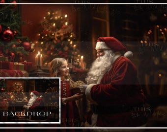 May include: A red and white Santa Claus figure with a long white beard is standing next to a young girl in a red dress. The girl is holding a plate of cookies. The background is a Christmas scene with a decorated Christmas tree and a fireplace.