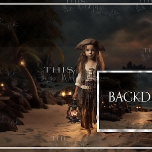 Pirate digital backdrop, nighttime beach, fantasy, childhood fantasy, pirate ship, beach, fantasy composite, pirate shores