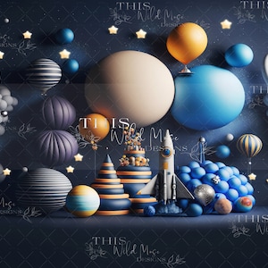 Astronaut Studio Digitaler Hintergrund, Space Adventure Studio Digitaler Hintergrund, Cake Smash, Geburtstagshintergrund Weltraum, Weltraumballons digital