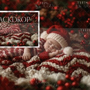 Newborn Christmas digital backdrop, red and white knit blanket, Christmas red decorations, newborn holiday background, Christmas, newborn