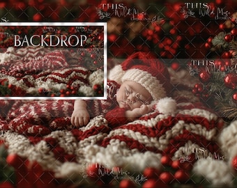 Newborn Christmas digital backdrop, red and white knit blanket, Christmas red decorations, newborn holiday background, Christmas, newborn