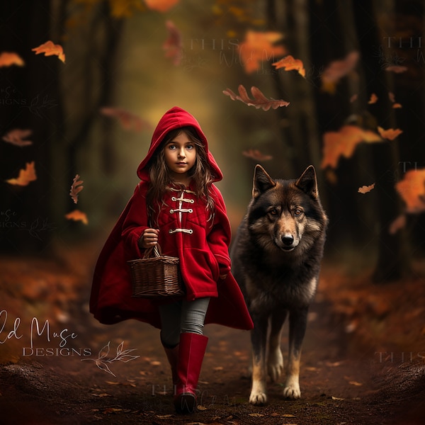 Little Red Riding Hood Digital background, Wolf, Fall, Autumn, Red Riding Hood, Fall Path, Fall Leaves, Autumn Digital backdrop, photoshop