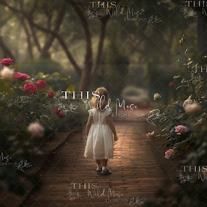 Rose garden digital background, roses, rose garden, summer, stone garden path, brick path, garden digital backdrop, summer garden backdrop