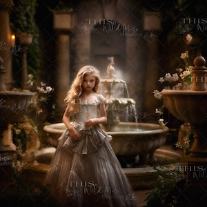Courtyard digital backdrop, fountain sculpture digital backdrop, water fountain, courtyard, nighttime courtyard digital background, garden
