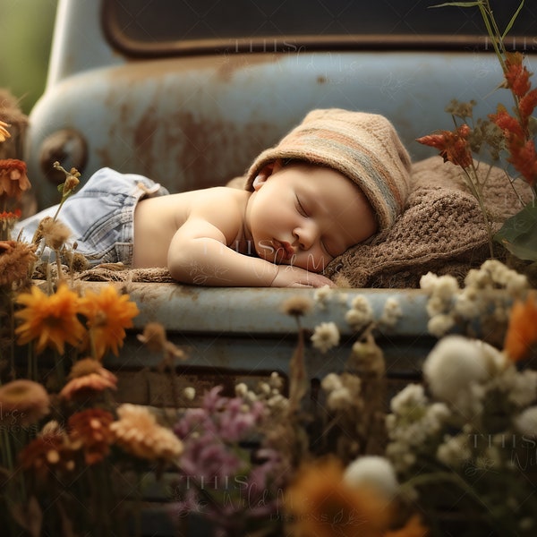 Vintage Truck Wildflower Field Digital Background, Photoshop Composite, Creative Composite, Newborn, Toddler, Truck Digital, Newborn Digital