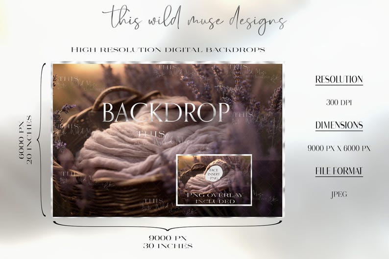 May include: Digital backdrop image featuring a woven basket with soft, light-colored fabric inside. The backdrop is 30 inches wide and 20 inches tall, with the text "BACKDROP" and "PNG OVERLAY INCLUDED". The image is 300 DPI and in JPEG format.