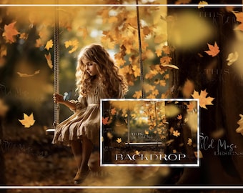 Fall Swing digital backdrop, yellow fall, falling leaves, wood swing, autumn digital background, outdoor fall scene, autumn, fall, trees
