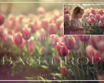 Op de afbeelding: Een digitale achtergrond met een veld vol roze en witte tulpen met een wazige achtergrond. De tekst "ADD YOUR SUBJECT" is over de afbeelding gelegd.
