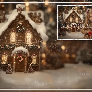 May include: A festive Christmas-themed digital backdrop featuring a gingerbread house covered in snow, adorned with lights and holiday decorations. A smaller inset image shows a child. The words "ADD YOUR SUBJECT" are visible.