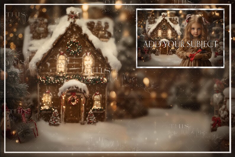 May include: A festive Christmas-themed digital backdrop featuring a gingerbread house covered in snow, adorned with lights and holiday decorations. A smaller inset image shows a child. The words "ADD YOUR SUBJECT" are visible.