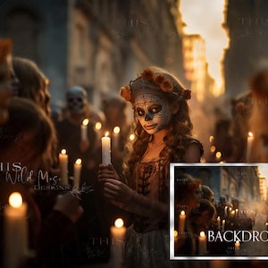 Fondo digital del Día de los Muertos, fondo digital de Halloween, velas, calaveras, fondo de imagen compuesta creativa