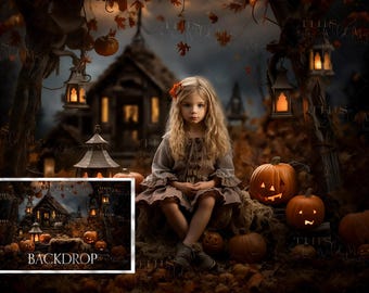 Cyfrowe tło na Halloween, dynie na Halloween, Halloween, cyfrowe tło na Halloween, cyfrowe lampiony Jack o', straszny dom, liście