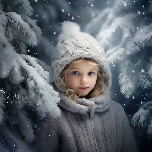 Snowy Winter Portrait Digital backdrop, Snowy Pine Trees, Snow, Winter, Portrait Photography, Digital backdrop for portraits, Winter digital