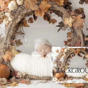 Può includere: Un neonato con un berretto di lana bianco e una coperta di lana bianca è sdraiato in un cesto decorato con foglie autunnali e zucche. Lo sfondo è una ghirlanda di foglie autunnali e zucche.