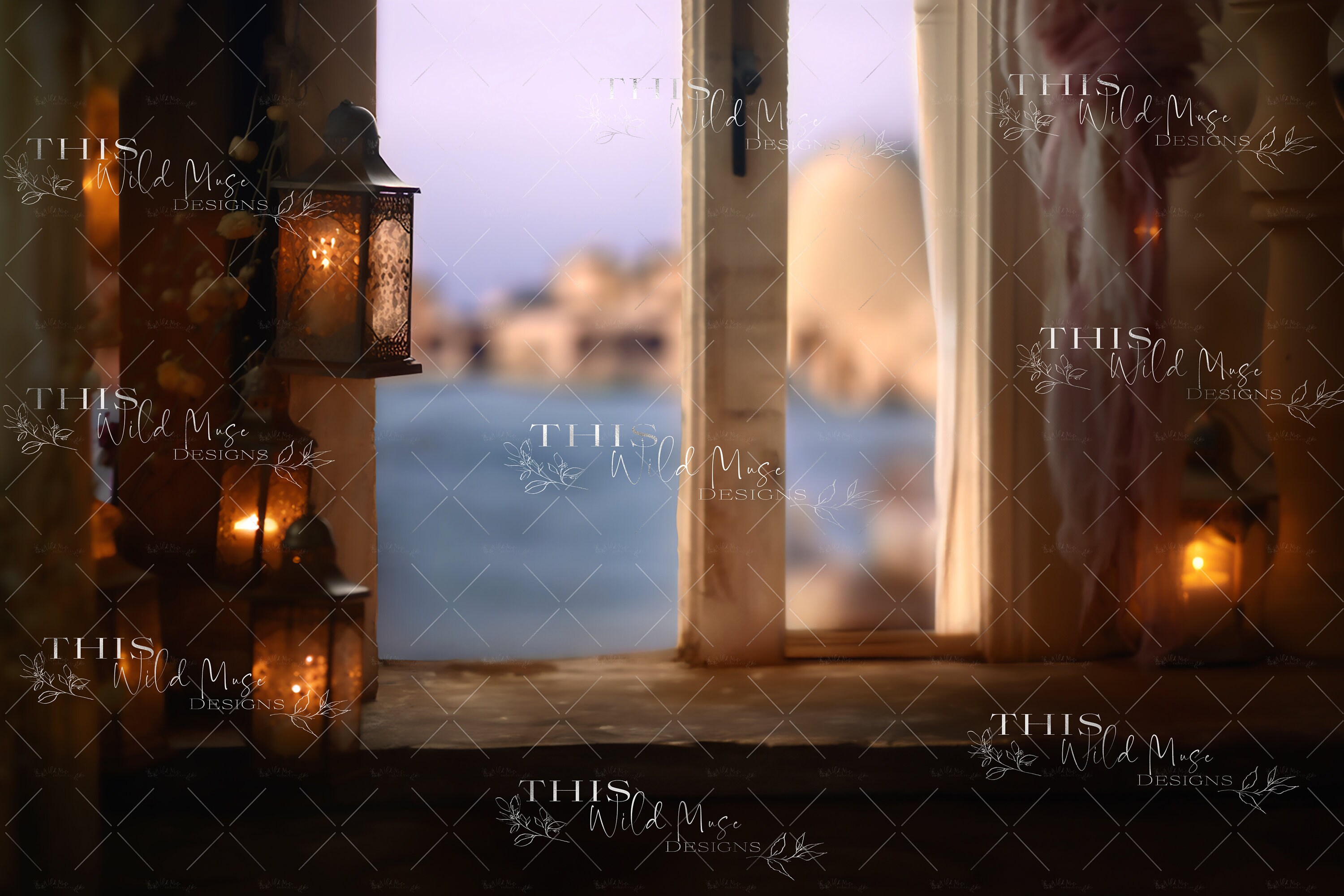 Rustic Pcean Background Rustic Window View Digital Backdrop, Ocean, Seaside, Lanterns ...