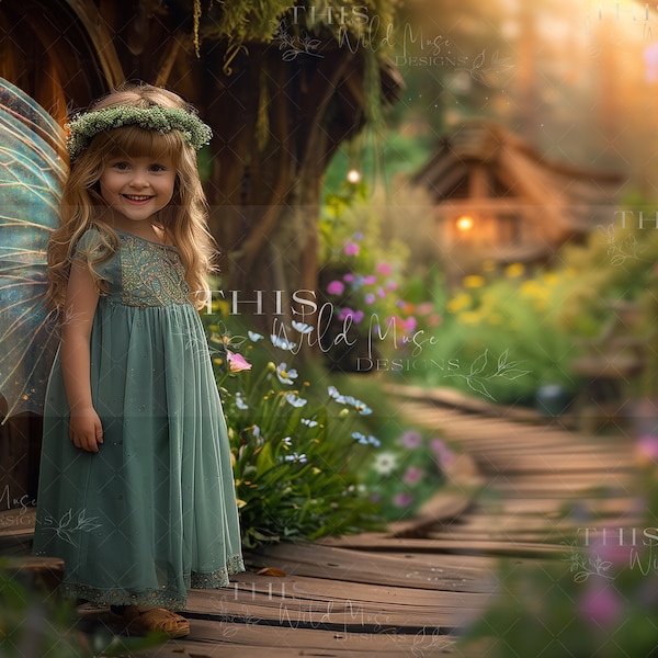 Fairy flower garden digital backdrop, Fairy background, Fairy flowers, whimsical spring, fairy, Fairy Magic, PNG fairy wings, fairy village