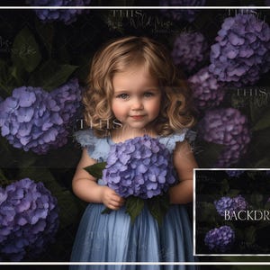 May include: A young girl in a light blue dress holds a bouquet of purple hydrangeas. The background is a dark green with purple hydrangeas.