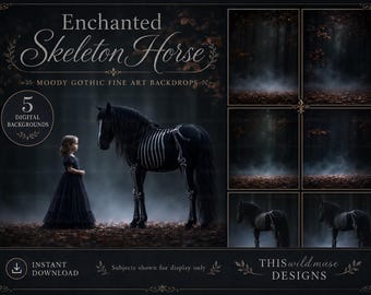 Könnte beinhalten: Eine digitale Sammlung mit dem Titel Enchanted Skeleton Horse, die fünf stimmungsvolle Kunsthintergründe enthält. Die Bilder zeigen ein schwarzes Pferd mit weißem Skelettmuster, eine Person in einem schwarzen Kleid und dunkle Waldszenen.