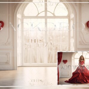 May include: A white room with a large arched window and red curtains. There are two red hearts on the walls. The room is empty except for a red dress in the lower right corner.