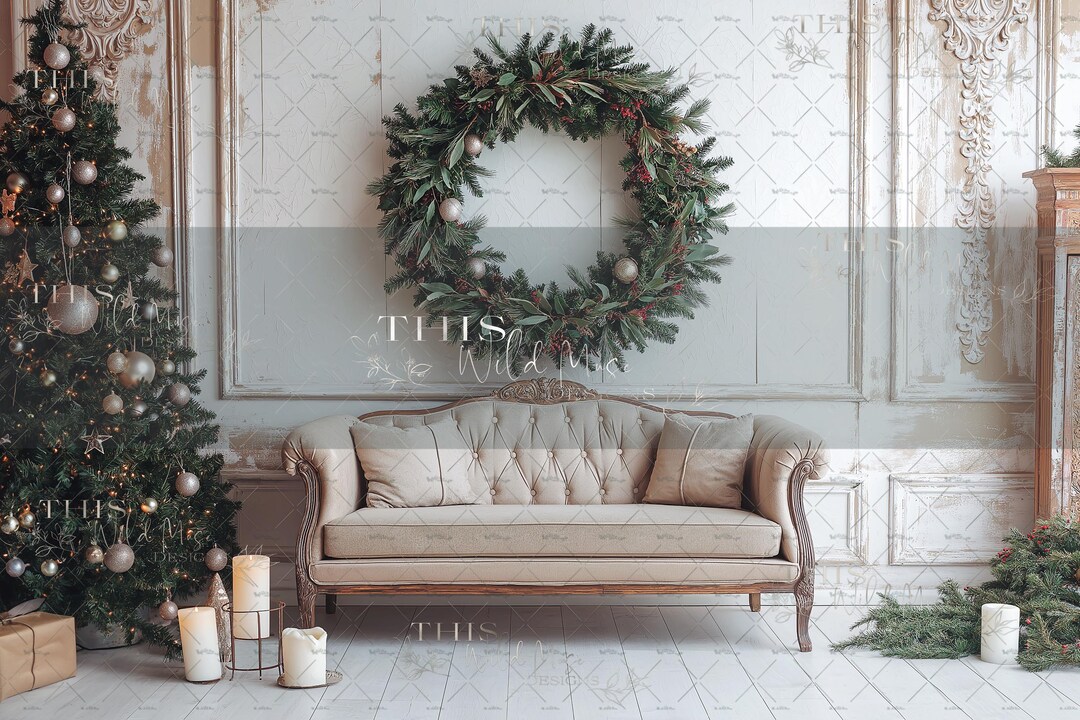 Christmas Studio Digital Backgrounds, Christmas Wreath, Beige Settee ...