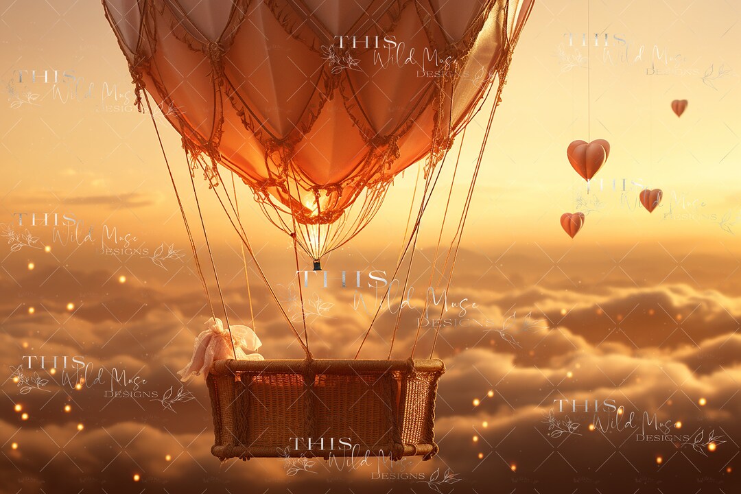 Whimsical Hot Air Balloon Digital Backdrop, Hot Air Balloon, Sparkly