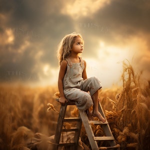 Painterly Fall Harvest Portrait digital backdrop, ladder, wheat field, stormy skies, painterly, summer, fall, harvest field, harvest