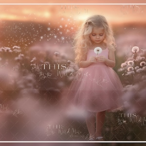 May include: A young girl in a pink tulle dress holds a dandelion in a field of dandelions. The background is a soft, pink and orange sunset.