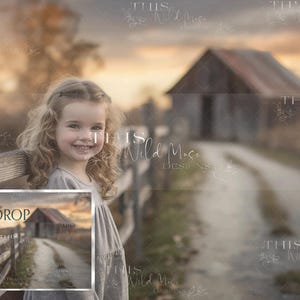 Könnte beinhalten: Ein digitaler Hintergrund mit einem jungen Mädchen, das an einem Holzzaun steht, im Hintergrund eine rustikale Scheune. Die Szene spielt auf einem Feld mit einem Feldweg, der zur Scheune führt. Der Himmel ist in sanftem Orange und Rosa gehalten und erzeugt eine warme und einladende Atmosphäre. Der Text "Backdrop" ist in der linken unteren Ecke des Bildes zu sehen.