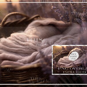 May include: A woven basket filled with soft, light-colored fabric, surrounded by lavender. The image includes a smaller inset with the text "FACE INSERT PNG" and "PNG OVERLAY INCLUDED". The overall theme is a newborn photography prop.