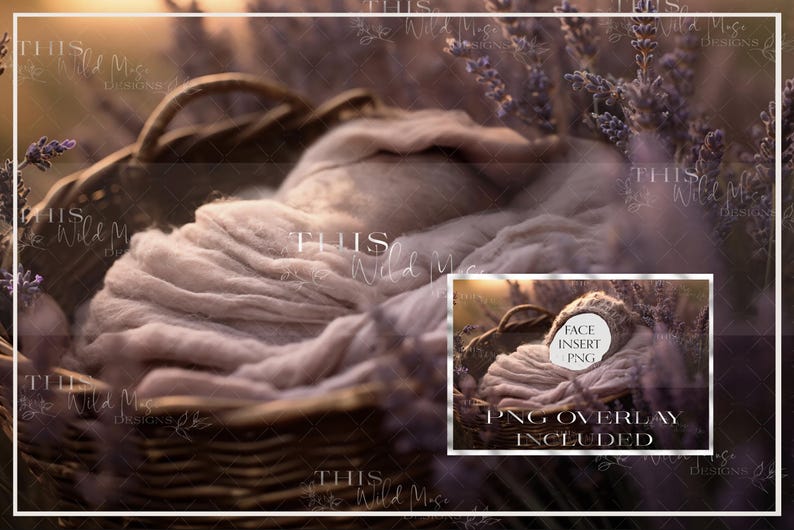 May include: A woven basket filled with soft, light-colored fabric, surrounded by lavender. The image includes a smaller inset with the text "FACE INSERT PNG" and "PNG OVERLAY INCLUDED". The overall theme is a newborn photography prop.