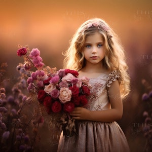 May include: A young girl with long blonde hair and blue eyes is holding a bouquet of pink and red roses in a field of purple flowers. She is wearing a light pink dress with lace details and a flower crown.