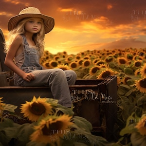 May include: A young girl wearing a straw hat and overalls sits in the back of a vintage truck. She is surrounded by a field of sunflowers, with a sunset in the background.