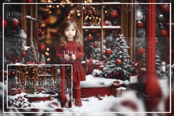 Christmas store digital backdrop, Holiday shop, Holiday background, Christmas composite, Red Christmas storefront, snowy steps, Christmas