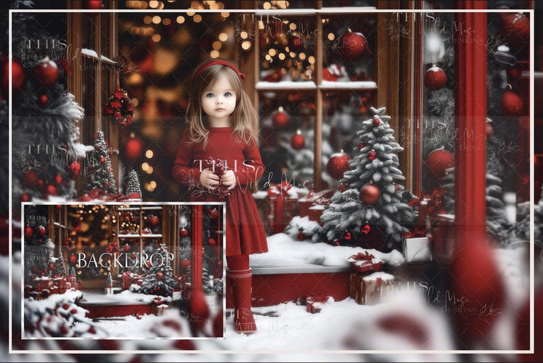 May include: A young girl in a red dress stands in front of a Christmas-themed backdrop. The backdrop features a red storefront with a window display of Christmas ornaments and a snowy, frosted Christmas tree.