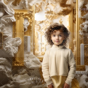 May include: A young person stands in front of a gold-framed structure with ornate white and gold details. The person wears a cream-colored zip-up jacket and a gold-colored skirt. The background features the text "THIS WILD MUSE DESIGNS".